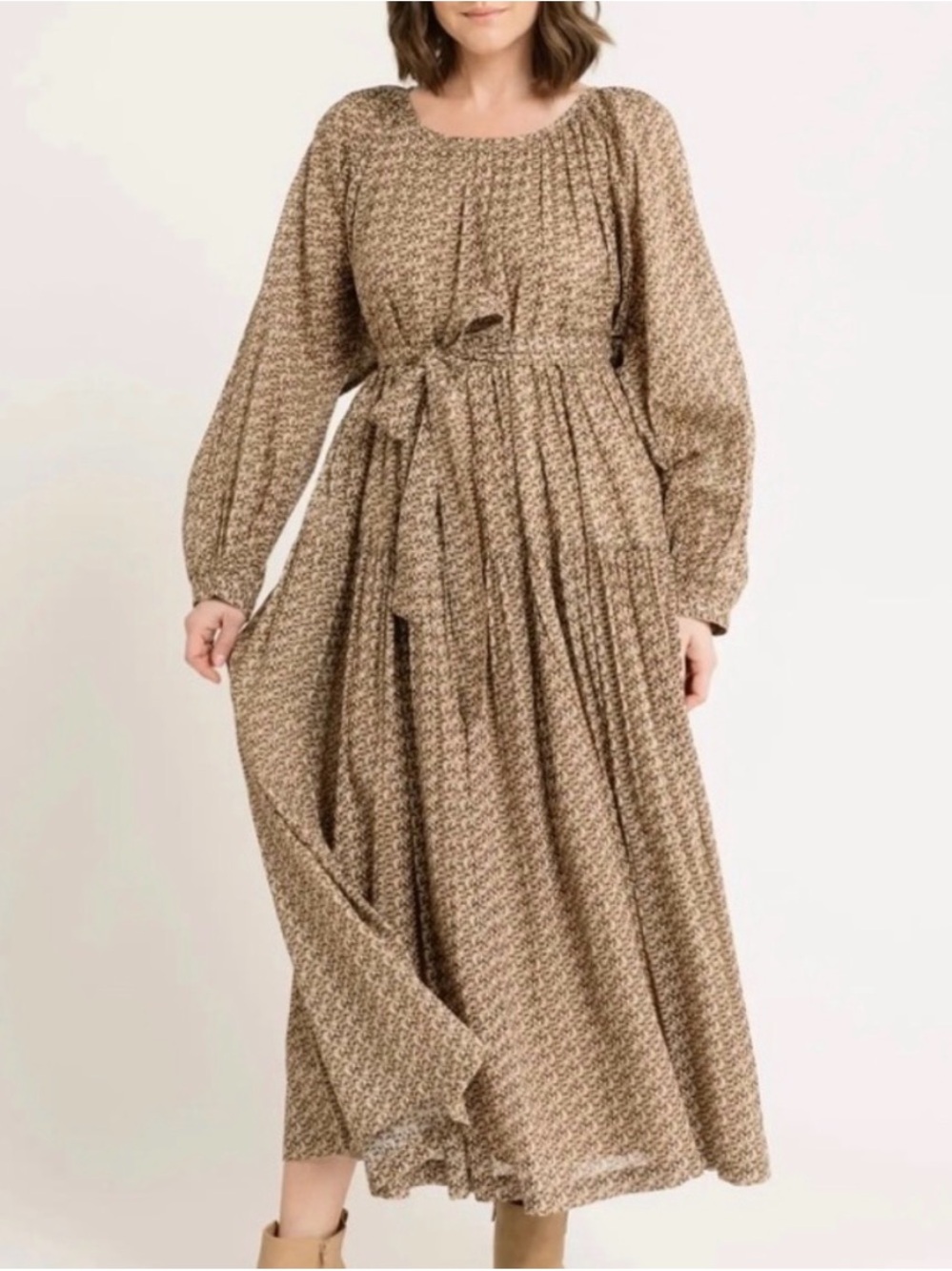 Long Sleeve Brown Floral Tie-Waist Maxi Dress